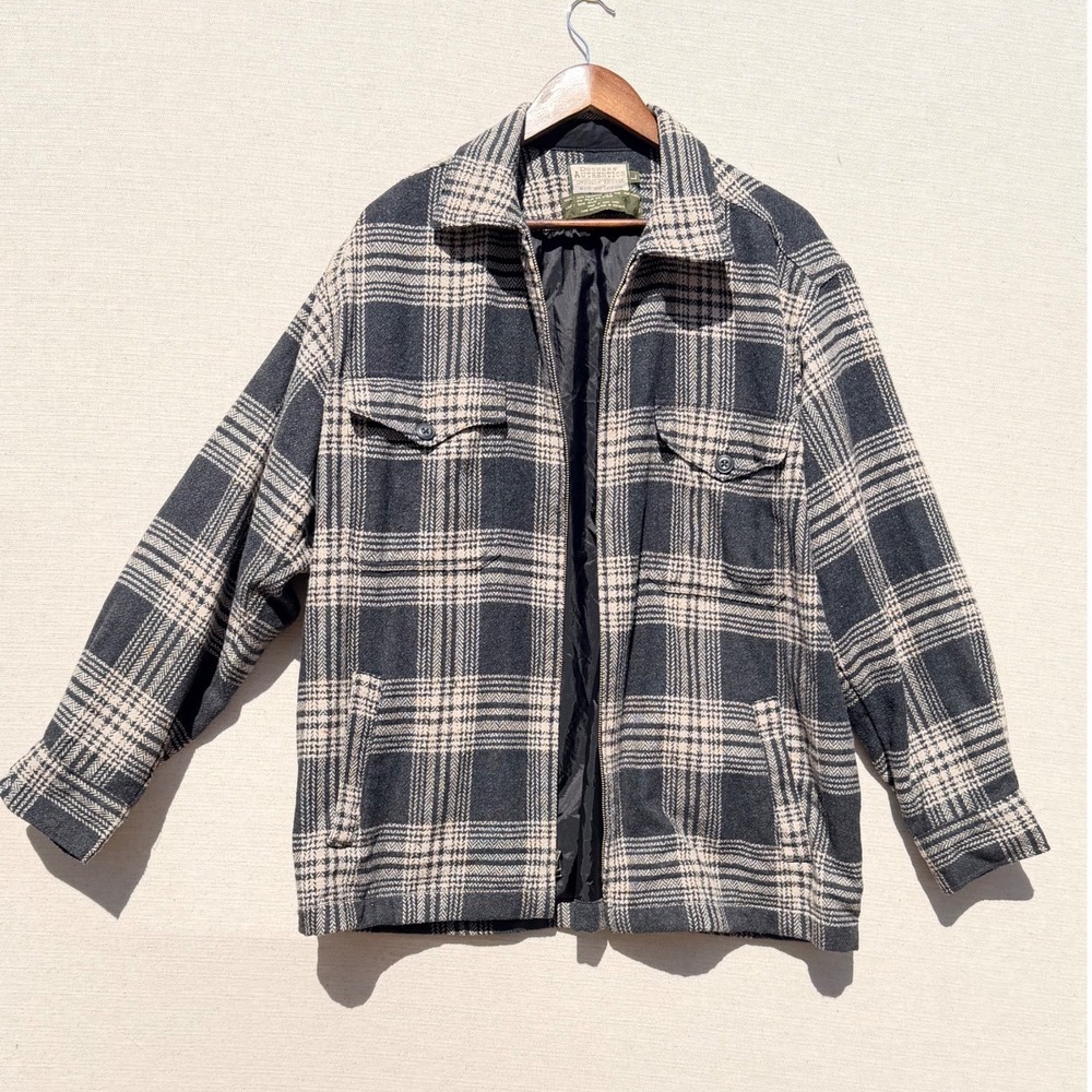 Dockers Authentics Vintage Plaid Wool Blend Zip Up Flannel Jacket Gray Large 96